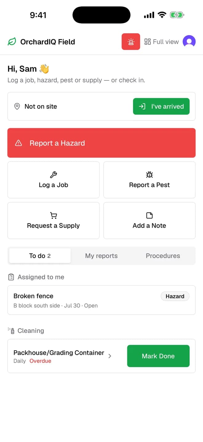 The field view on a phone, showing quick-capture buttons for hazards, pests, jobs and supplies, and a to-do list.