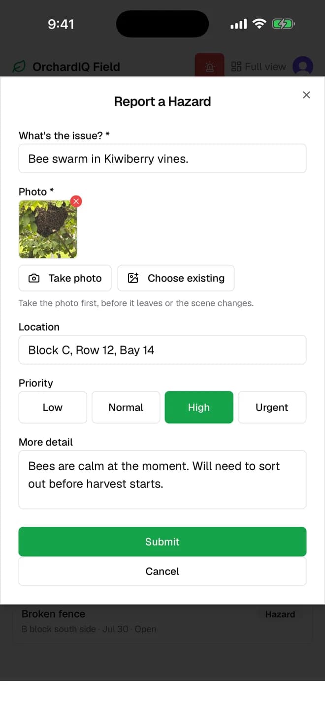 Reporting a hazard on a phone: a photo of a bee swarm, a location, a priority and a description.